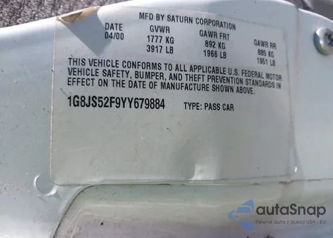 2000 Saturn Ls z USA, uszkodzony, nr VIN 1G8JS52F9YY679884